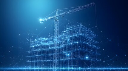 Futuristic construction site visualized in a neon-blue wireframe style. Tall crane and building frame under construction. Abstract Digital low-poly wireframe connected dots in dark blue.