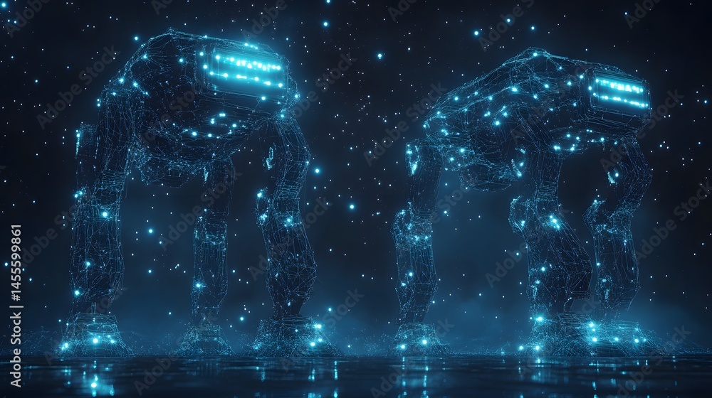 Poster futuristic, glowing at-at-like walkers, constructed from blue lines and points of light, stand on a 