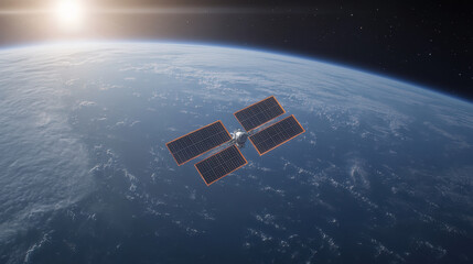 Satellite orbiting Earth with solar panels, showcasing advanced technology and space exploration