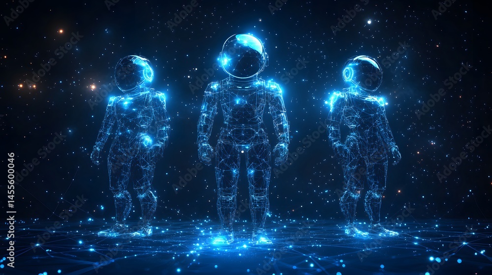 Leinwandbilder futuristic astronauts stand on a digital plane amidst a star-filled sky. glowing blue lines define t