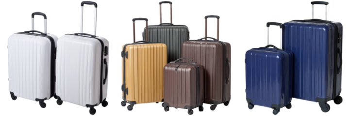 Multiple sets of travel luggage are arranged in various colors and sizes. Each suitcase features wheels and a retractable handle for easy transportation