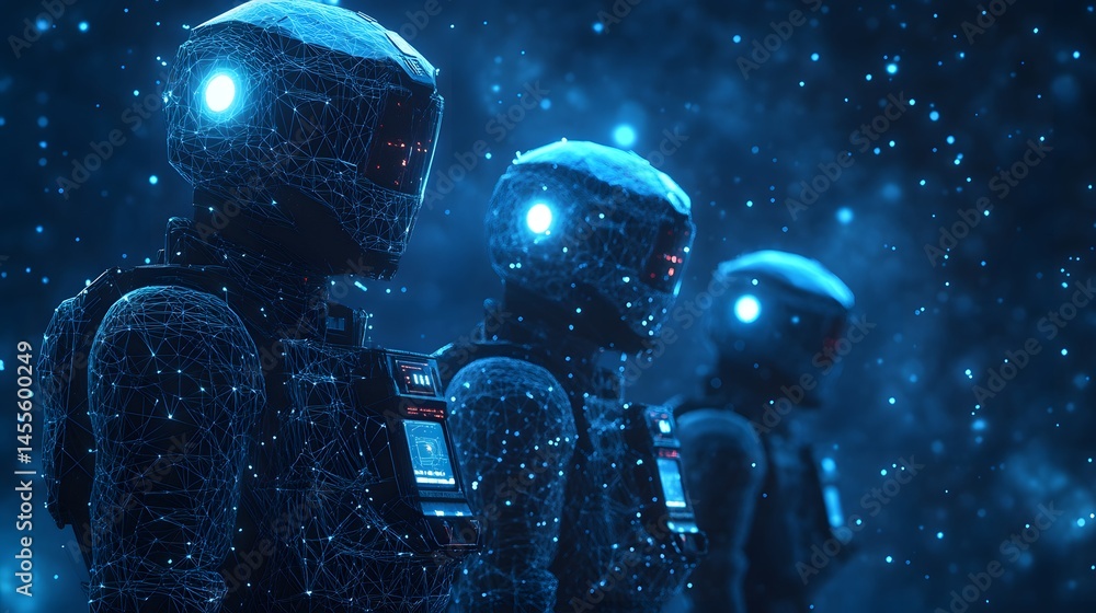 Fototapete futuristic figures in cybernetic suits, adorned with glowing blue lines and digital interfaces, stan