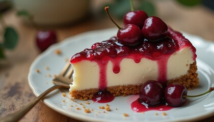 Indulgent Cherry Cheesecake Slice with Dripping Sauce on a Decorative Plate