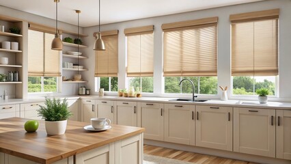 Beige blackout roller blind on windows in stylish modern kitchen with shutters on plastic window, window treatment, kitchen windows
