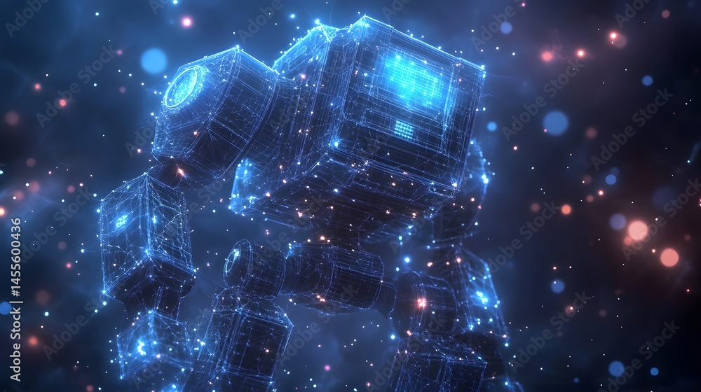 Aufkleber Futuristic blue wireframe robot glows against a dark, bokeh-lit backdrop. Digital art showcasing advanced tech and vibrant light interplay. Abstract Digital low-poly wireframe connected