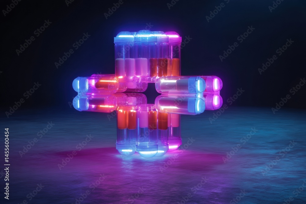 Poster neon glowing cross created by levitating pill bottles in a dimly lit space generative ai