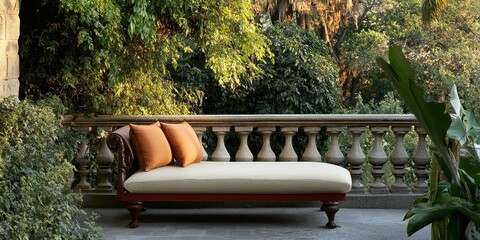 Outdoor chaise lounge on a stone balcony overlooking lush greenery  Cream colored chaise with terracotta cushions,  elegant stone balustrade, and verdant backdrop