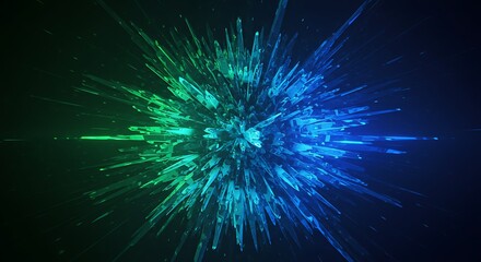Fototapeta premium Fractal Quantum Jump Light Burst An abstract background visualizing a quantum jump with fractal light shards bursting outward in a blue-green gradient, ideal for tech and science presentations