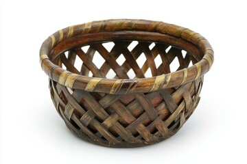 Round woven bamboo basket with a criss-cross pattern,  a shallow bowl shape, and a decorative band around the rim