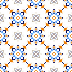 Blue and orange damask seamless pattern illustration in traditional style. Portuguese tile azulejo. Graphic ornate pattern for tiles, wallpaper, backdrops, fabric, and textiles.