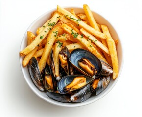 French fries and mussels in a bowl.  Golden-brown fries, fresh mussels, garnished with parsley