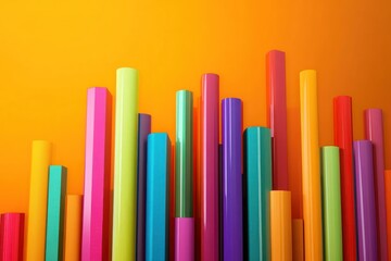 colorful duct tape bars forming a 3d bar graph on vibrant orange background, abstract data visualization