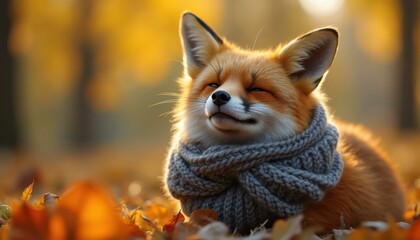 Obraz premium Adorable Fox Enjoys Autumn Sunlight with a Knitted Scarf in a Forest Setting