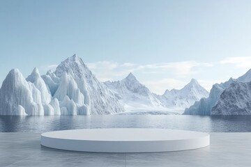 White circular podium, centered on a frozen lake, amidst snow-capped mountains.  Icy landscape, serene and tranquil
