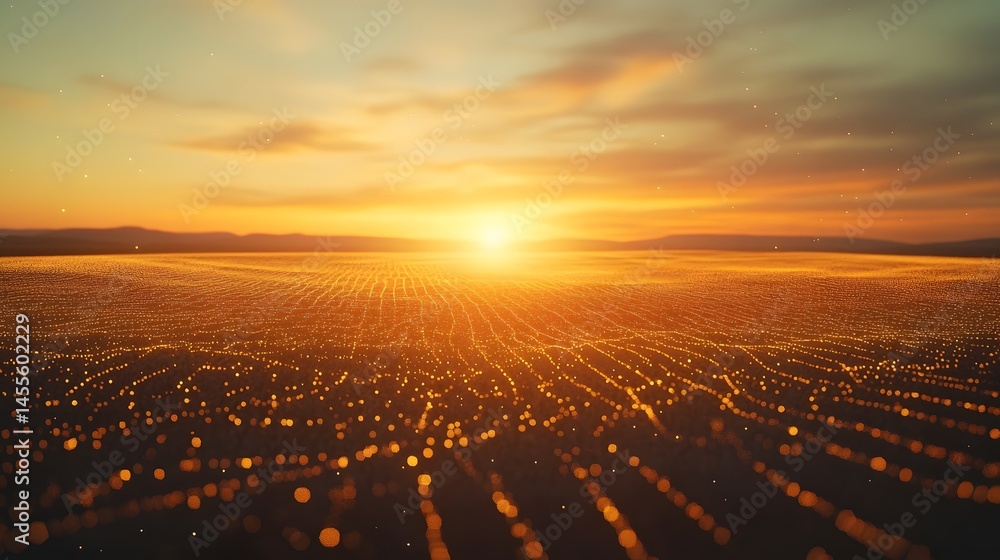 Poster Sunset on a grid-like digital plain. Warm hues and ethereal lights create a futuristic, data-driven landscape. Abstract Digital low-poly wireframe connected dots in dark blue