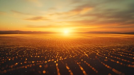 Sunset on a grid-like digital plain. Warm hues and ethereal lights create a futuristic, data-driven landscape. Abstract Digital low-poly wireframe connected dots in dark blue