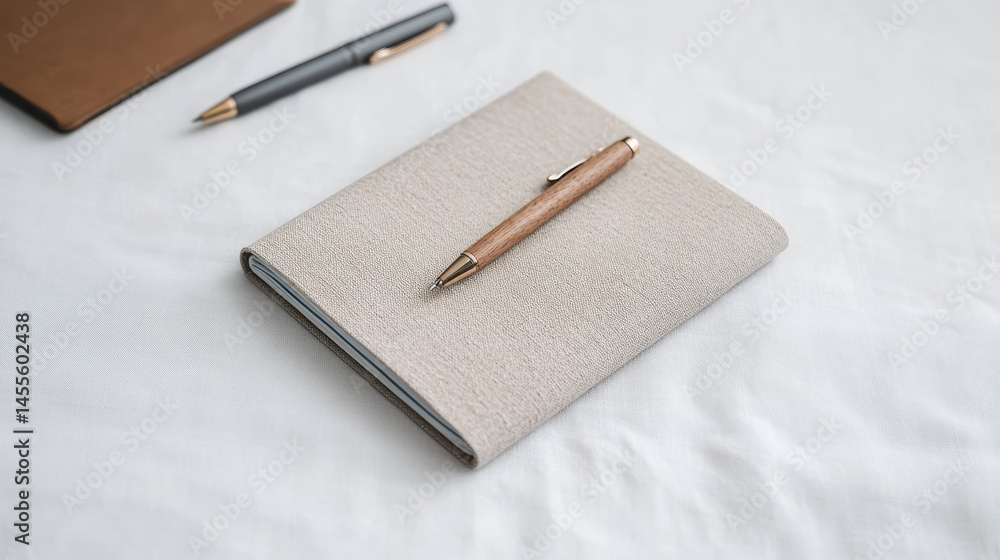 Poster elegant notebook with wooden pen resting on soft linen surface, creating serene workspace