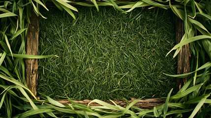 Fototapeta premium A rectangular arrangement of green plants and wooden frames