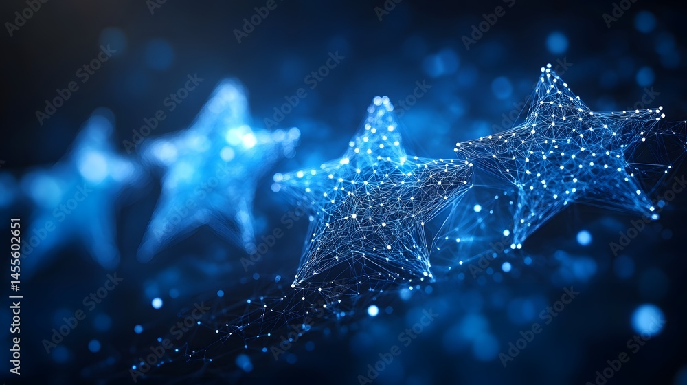 Aufkleber Futuristic network of stars interconnected with glowing blue lines. A technological symbol representing connectivity and innovation. Abstract Digital low-poly wireframe connected dots in dark blue.