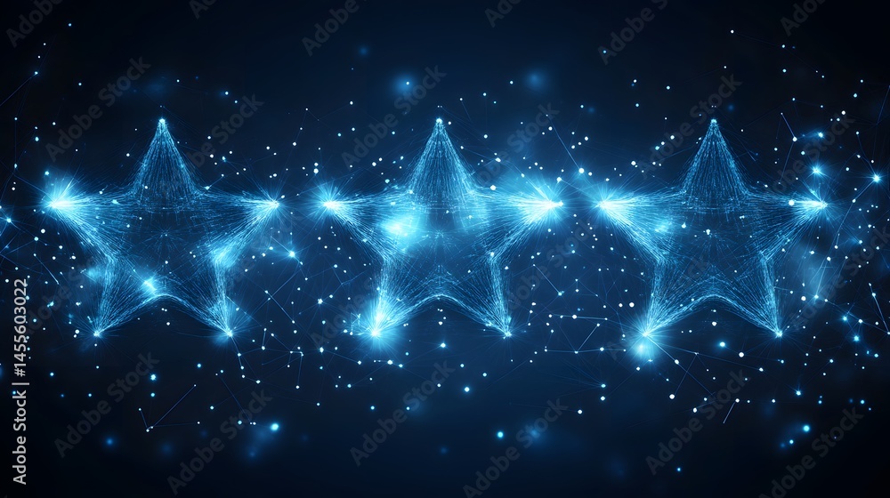 Poster futuristic tech design featuring glowing blue star constellations against a dark backdrop. a visuall