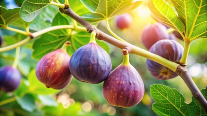 Ripe figs hang from a leafy branch in a lush garden , nature, garden