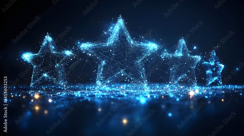 Fototapete Futuristic, ethereal stars glow intensely against a dark backdrop, creating a mesmerizing display of light and reflection. Abstract Digital low-poly wireframe connected dots in dark blue.