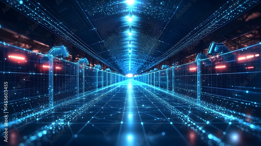 Aufkleber Futuristic data corridor with glowing servers and network. Vanishing point draws you into the technological world. Abstract Digital low-poly wireframe connected dots in dark blue.