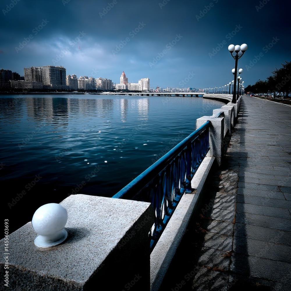 Poster cityscape reflection on water: a serene view from the embankment, showcasing urban architecture mirr