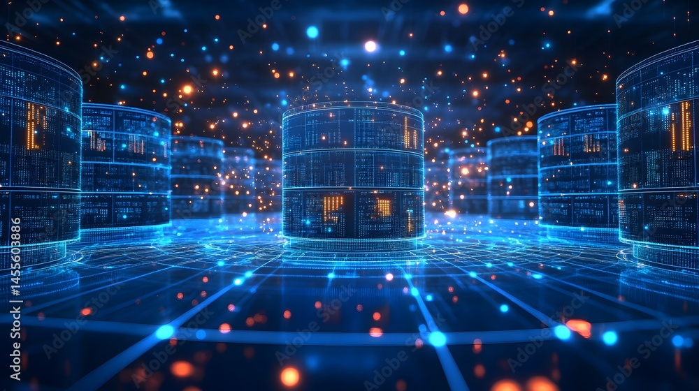 Leinwandbilder futuristic data center visualization. cylindrical server towers glow amidst interconnected pathways 