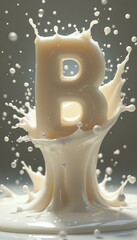 Letter B Formed from Splashing Milk Against Gray Background, a Symbol of Beverages and Smooth, Liquid Texture