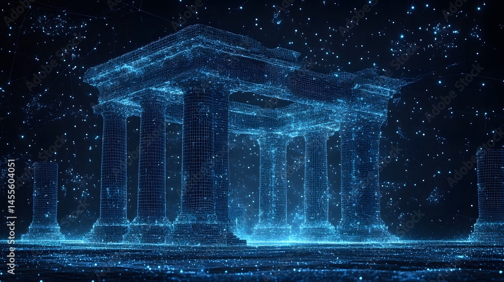 Aufkleber Futuristic temple design merging classical architecture and digital aesthetics. Abstract Digital low-poly wireframe connected dots in dark blue.