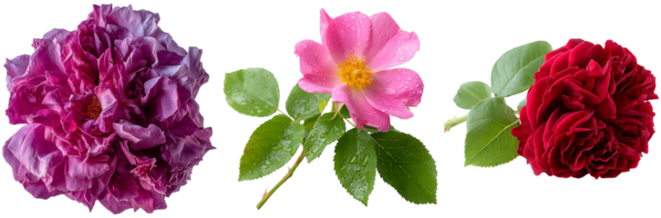 Three distinct flower types showcase their beautiful colors, with a rich purple bloom, a delicate pink flower, and a striking red rose, all with green leaves