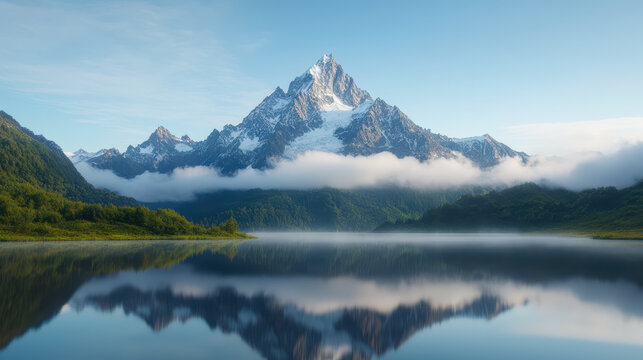 Majestic mountain peaks reflect in calm lake waters, surrounded by lush greenery and mist