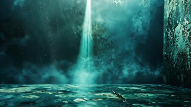 Eerie, dimly lit room with textured walls and floor, a single light beam cuts through the smoky atmosphere