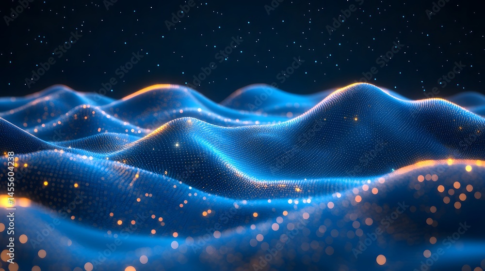 Leinwandbilder Abstract, connected digital landscape under a starry sky. Rolling grid-like hills with glowing dots create a network-like terrain. Abstract Digital low-poly wireframe connected dots in dark blue.