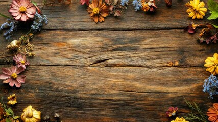 Dried flowers frame rustic wooden background