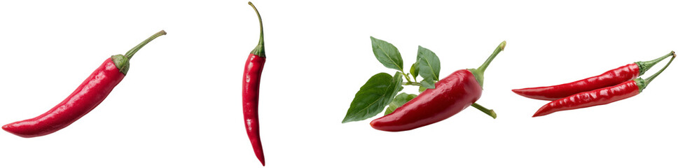 Fresh red chili peppers are displayed in different forms, highlighting their vibrant color and potential use in cooking for flavor and spice in cuisine