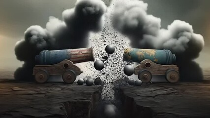 Political conflict depicted by antique cannons.