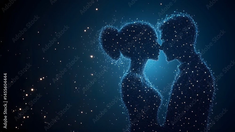 Poster digital art: romantic couple embrace, constellation style. ethereal love in a technological age, sym