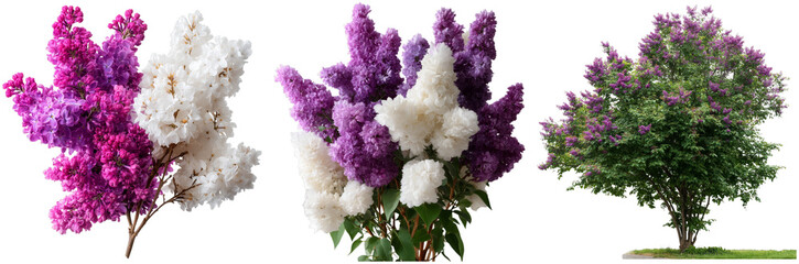 Beautiful lilac blossoms in shades of purple, white, and pink are arranged artistically, suitable for backgrounds, cards, or floral designs in digital projects