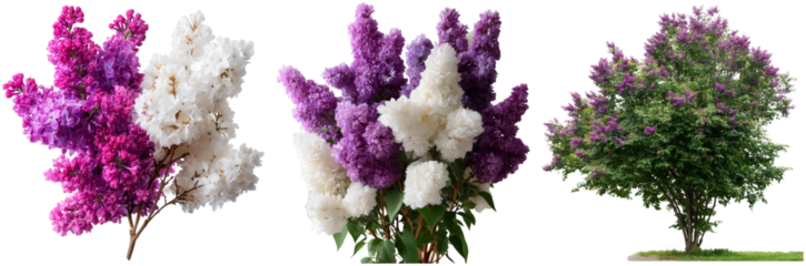 Beautiful lilac blossoms in shades of purple, white, and pink are arranged artistically, suitable for backgrounds, cards, or floral designs in digital projects