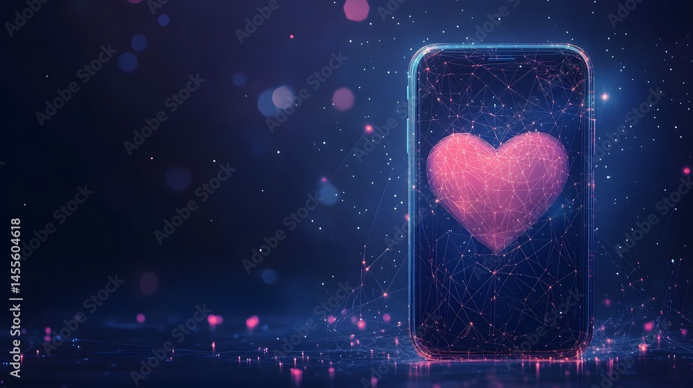 Poster Futuristic smartphone with a heart, symbolizing love and connection. A digital network emerges in a starry night, highlighting modern tech and affection. Abstract Digital low-poly wireframe connected