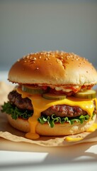 Delicious Burger with Dripping Cheese and Fresh Toppings on Brown Paper