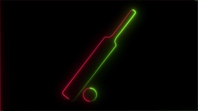 Glowing neon cricket bat and ball icon with animated on black background.