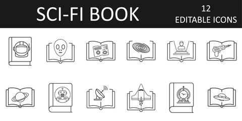 Sci-fi book icon sheet featuring space themes, technology, and futuristic elements like robots, UFOs, and time machines. Perfect for science fiction and cosmic adventure designs.