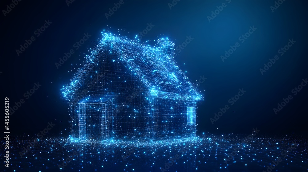 Aufkleber Futuristic home visualization using wireframe design, ideal for technology, architecture, or digital art. Abstract Digital low-poly wireframe connected dots in dark blue.