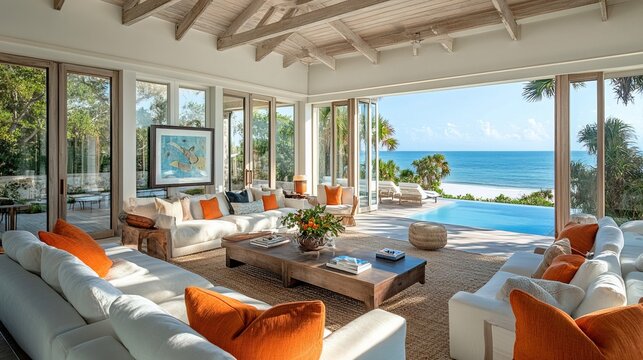 A beach house interior with bright, breezy tones and ocean views