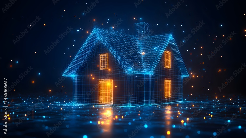 Poster futuristic wireframe house glows warmly. digital art featuring a low-poly home on a connected networ