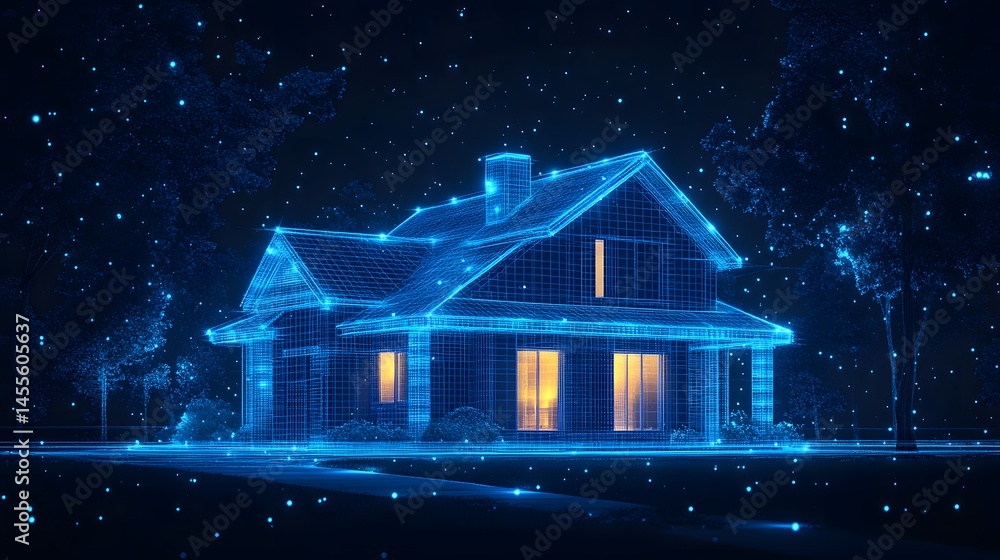 Fototapete a futuristic house glows with inviting light, its blue wireframe structure contrasting with the star