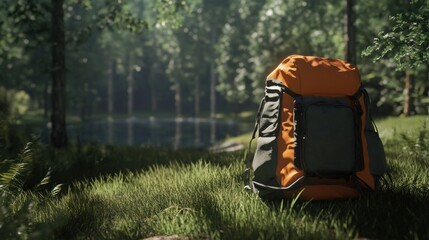Orange backpack in a tranquil forest setting nature adventure and travel photography